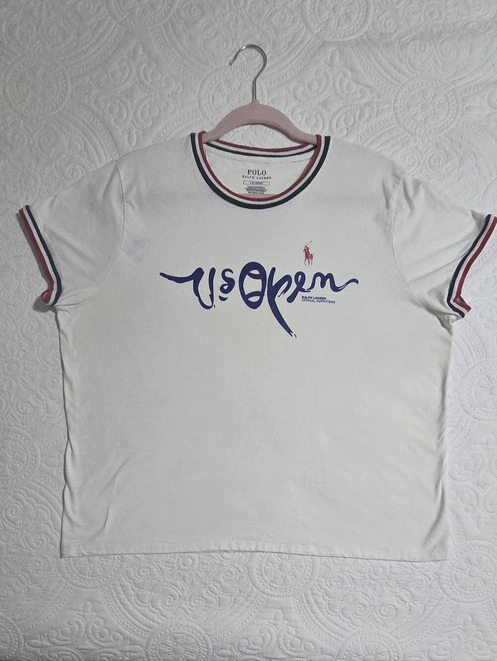 Polo Ralph Lauren White Tee with Navy & Red Trim Large